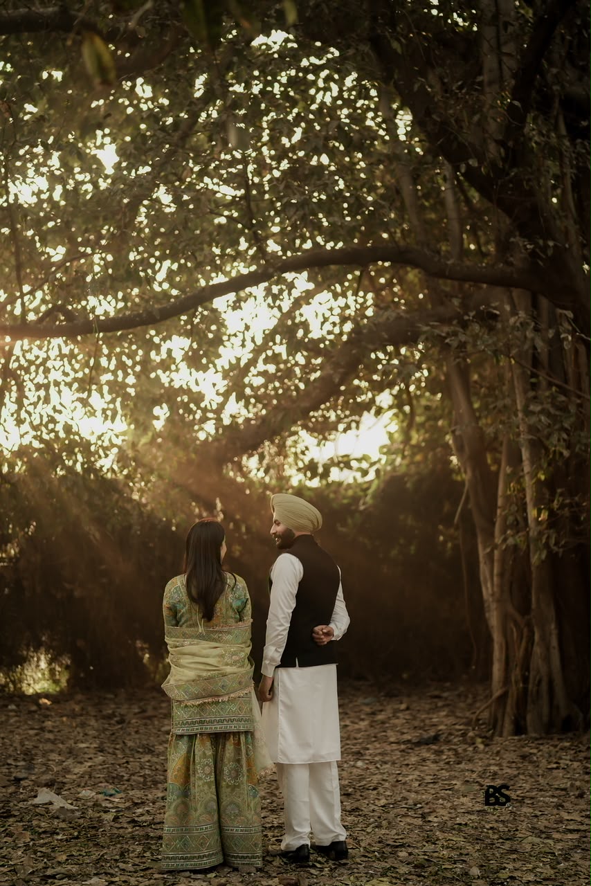 Couple looking into the woodland sunset