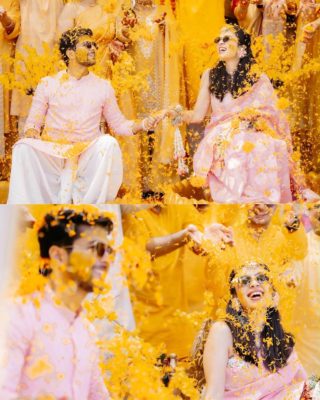 Couple laughing through a joyful yellow haldi celebration